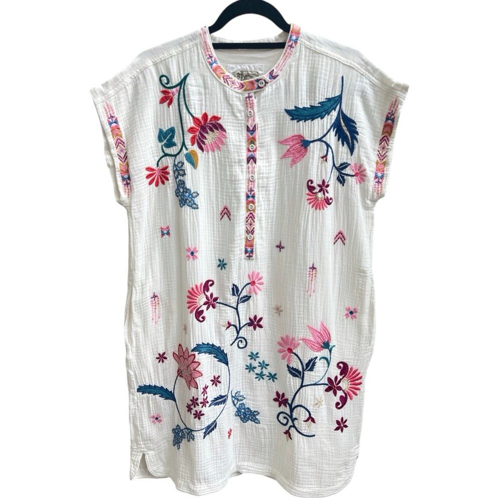Johnny Was Mishti Elena White Gauze Cotton Shift Dress Sz S Embroidered Floral